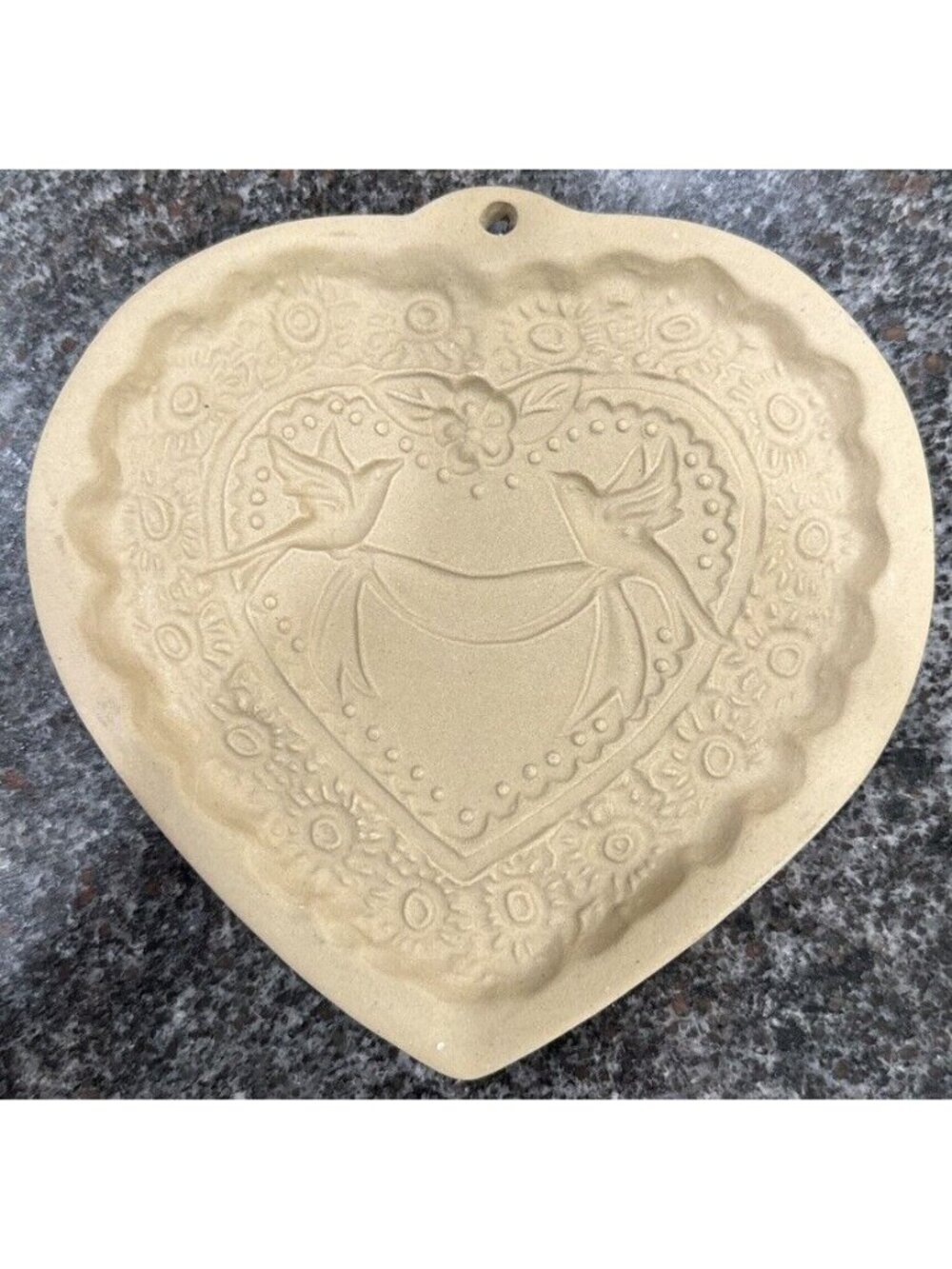 Heart-Shaped Brown Bag Cookie Art Stone Mold Birds & Flowers Design 1985 Vintage